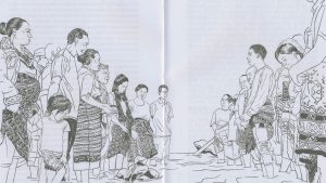Ilustrasi di dalam buku "Nu'u" yang menggambarkan dua kelompok mempelai laki-laki dan perempuan berdiri dibatasi oleh sungai yang mengalir di tengah mereka.