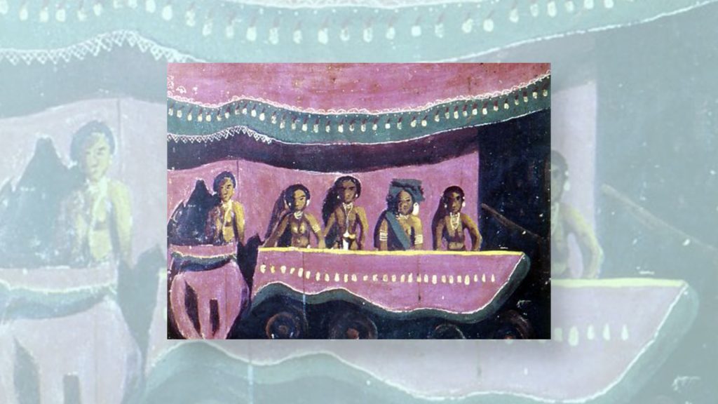 Lukisan Pengantin Dayak karya Emiria Soenassa dibuat pada tahun 1952-1948. Lima orang memakai baju adat Dayak berjejer