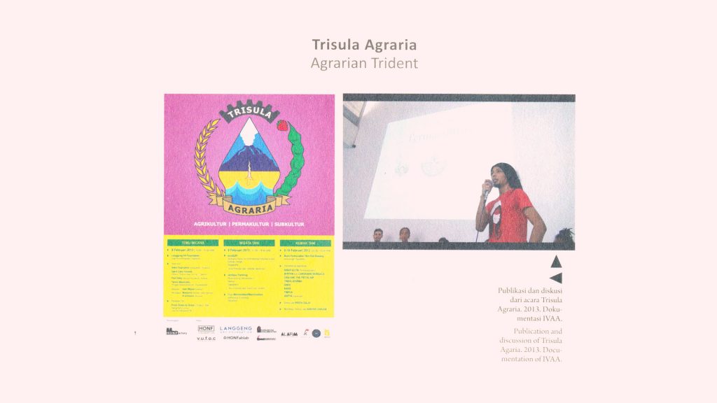 Poster rangkaian acara trisula Agraria dan dokumentasi diskusi yang dibuka oleh Venza, salah satu panitia.